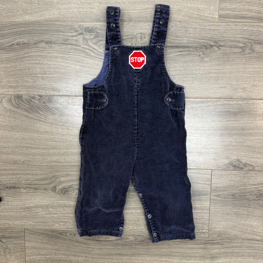 Vtg 90s Ella Worthington Blue Corduroy Overalls‎ STOP Sign Patch Size 12-18M